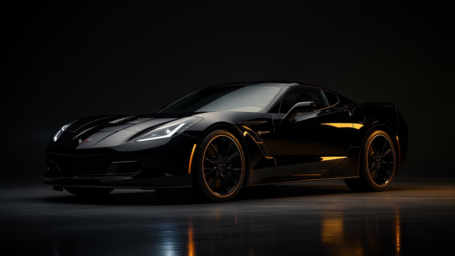 Glossy black Corvette in moody studio lighting